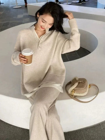 Getadme Two Piece Skirt Set Women Autumn Loose Casual Sweater Wide Leg Pant Sets Knitted Suit New in Matching Sets Women's Clothing